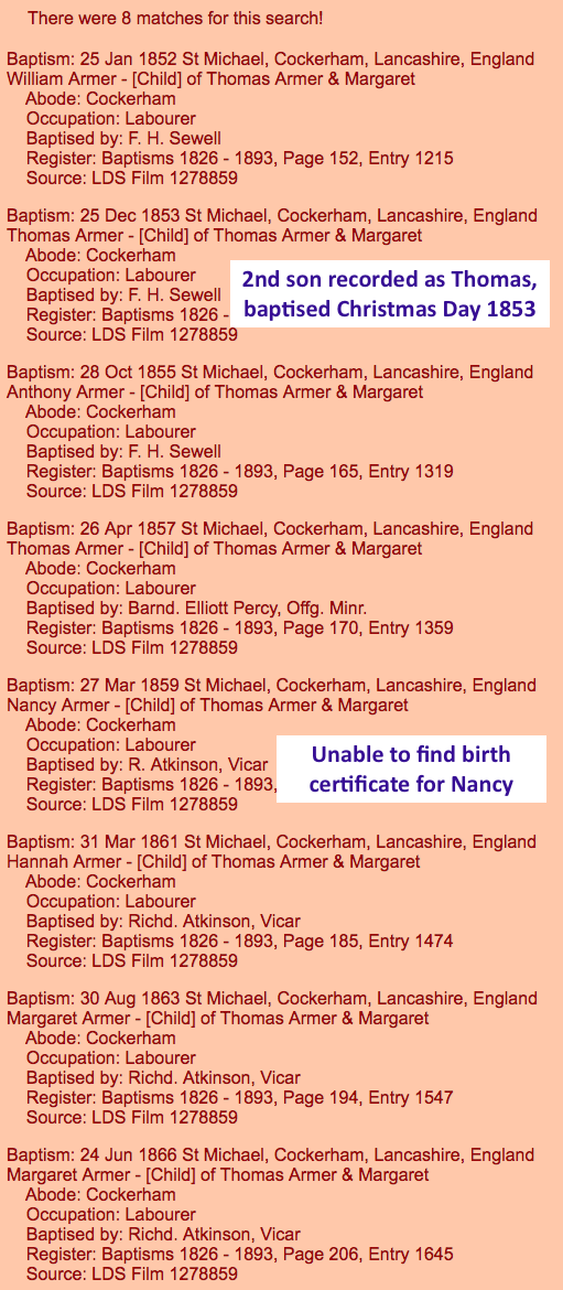 Thomas 1826 children in Parish Registers